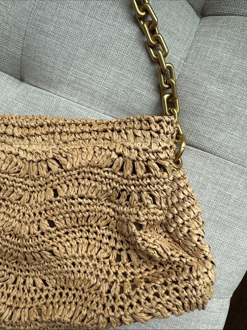 Zara Raffia Shoulder Bag with Gold Chain Handle - Tan - Picture 2 of 7